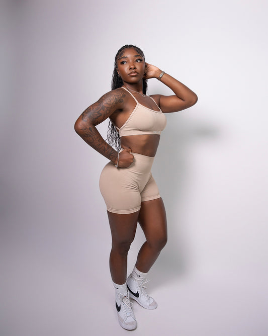 Beige MotionLuxe Sports Bra